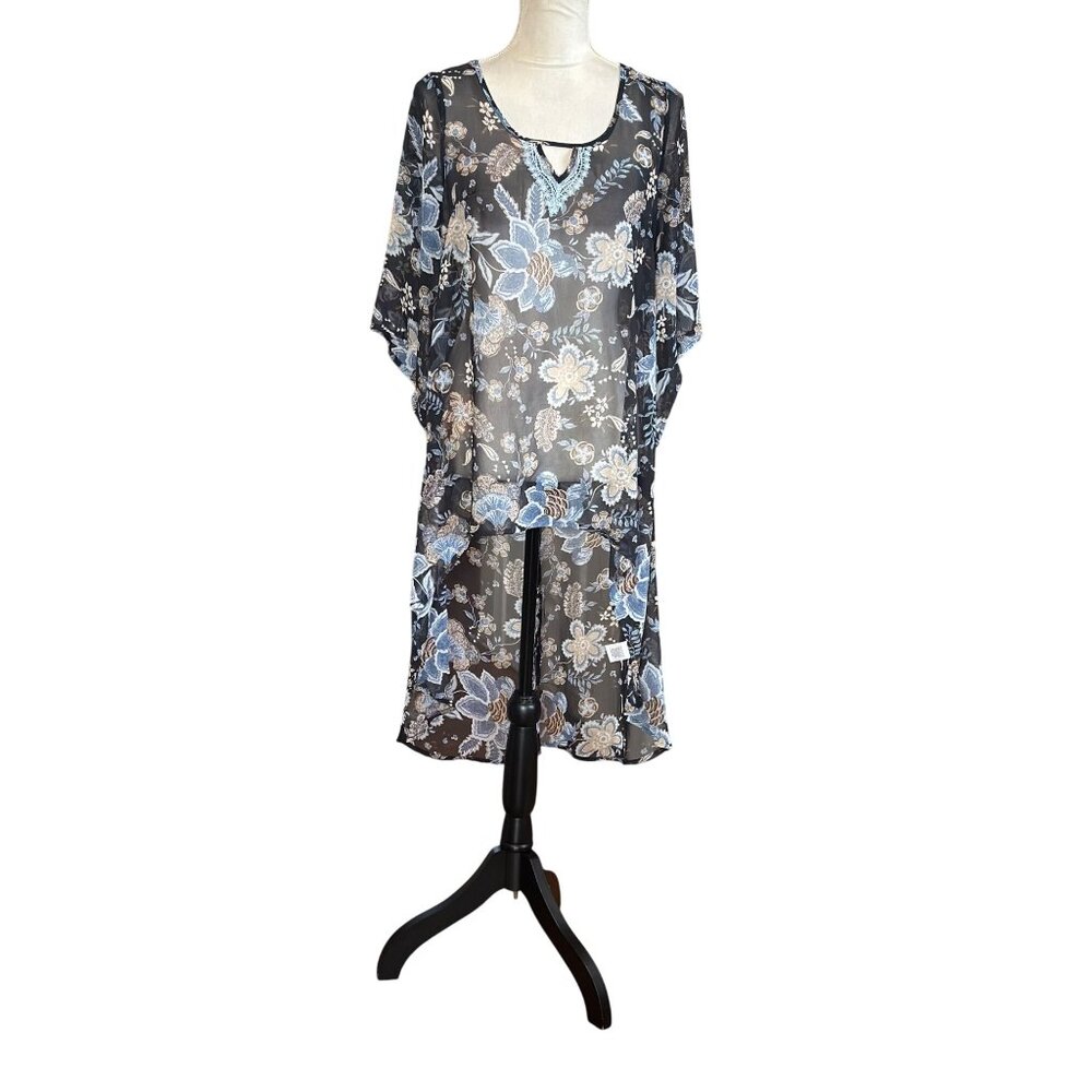 One World Floral Sheer High-Low Dress Cover-Up Blue & Beige Flowers Fit One Size